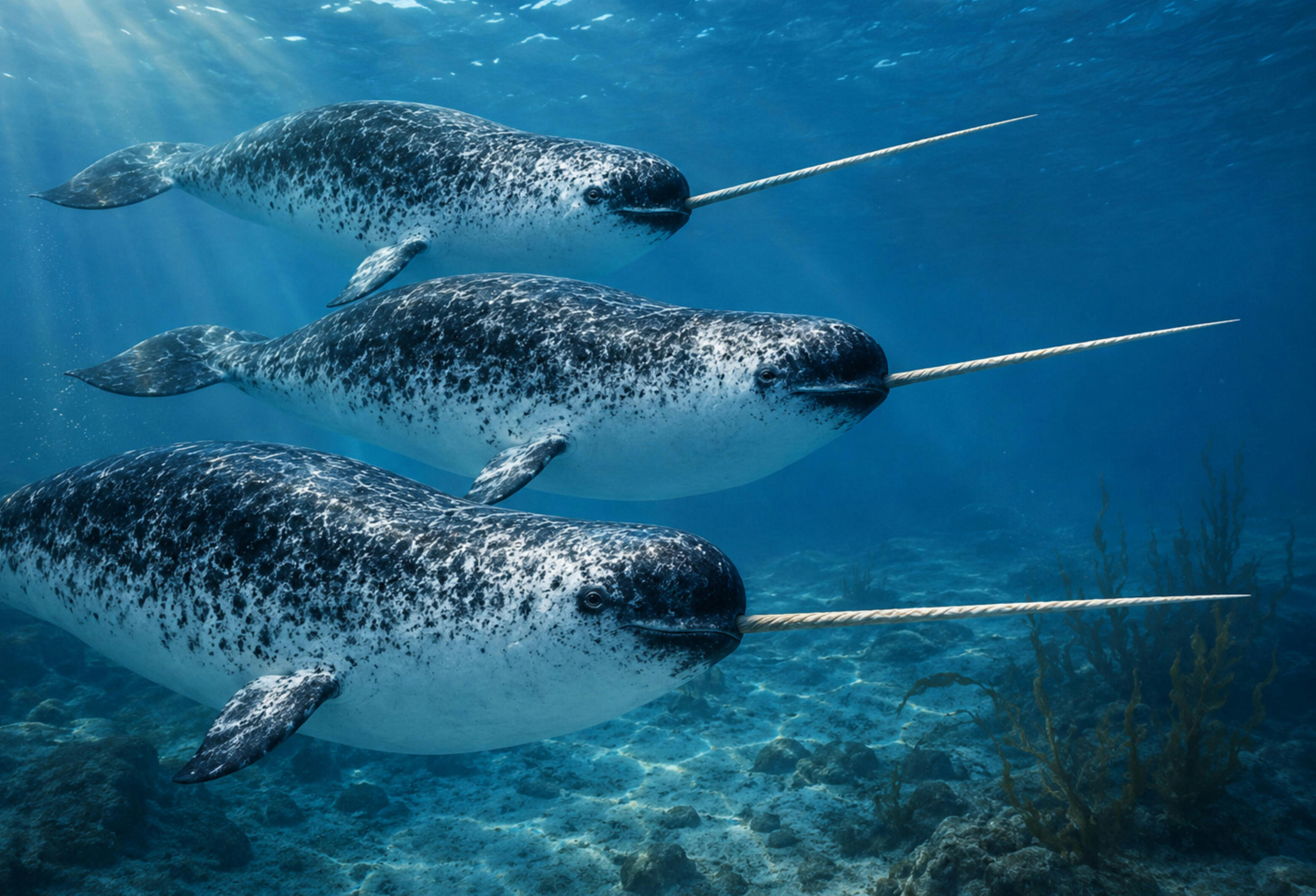 Why being different is important Three narwhals swimming in the ocean